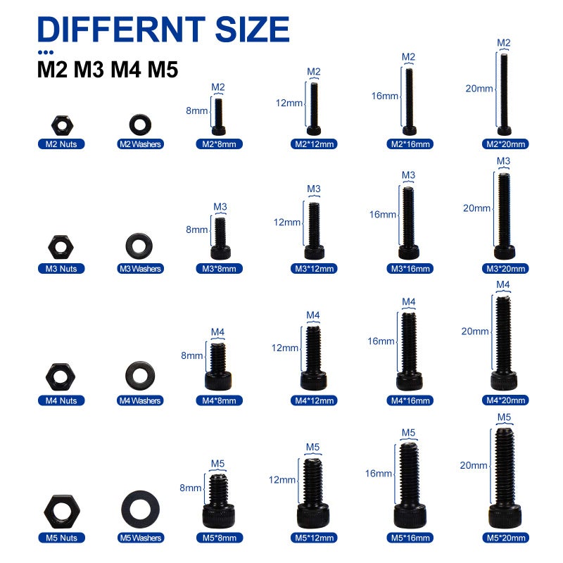 NINDEJIN M2 M3 M4 M5 Hex Socket Head Cap Screw Bolts Nuts and Washer Assortment Kit, 1060PCS Black Machine Screws Set, 12.9 Carbon Steel Small Metric Screws with 4PCS Allen Wrenches - Image 2